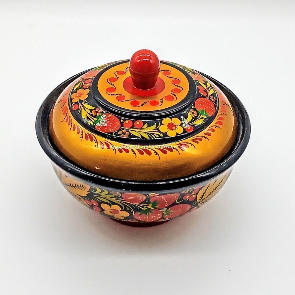 Russian Khokhloma Folk Art Painted Round Wood Covered Bowl - Picture 2 of 6